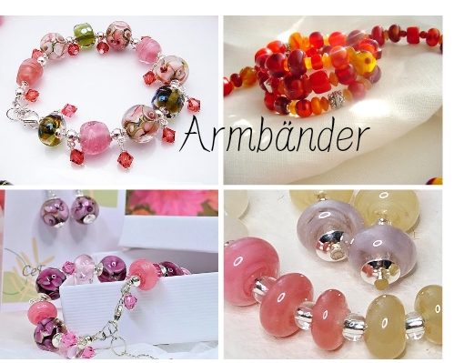 Verschiedene bunte Armbänder aus Glasperlen und Schmuckelementen.