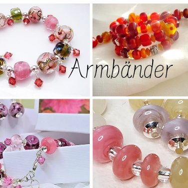 Vielfältige Armbänder aus bunten handgefertigten Glas- Perlen in verschiedenen Stilen.