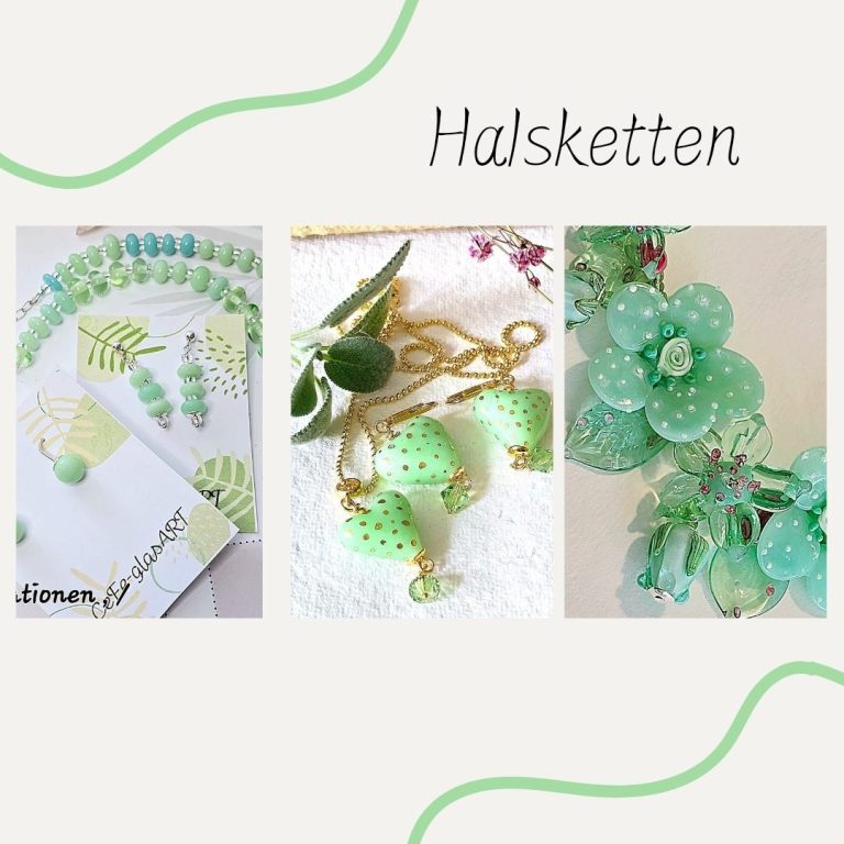 Drei grüne Halsschmuckstücke auf hellem Hintergrund, darunter Ohrringe und Anhänger.