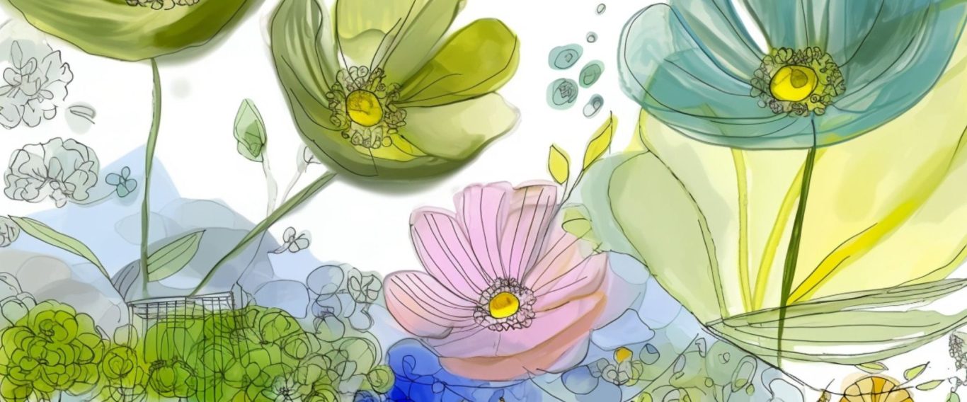 Bunte Aquarellblumen in lebhaften Farben mit grünen Blättern und sanftem Hintergrund.