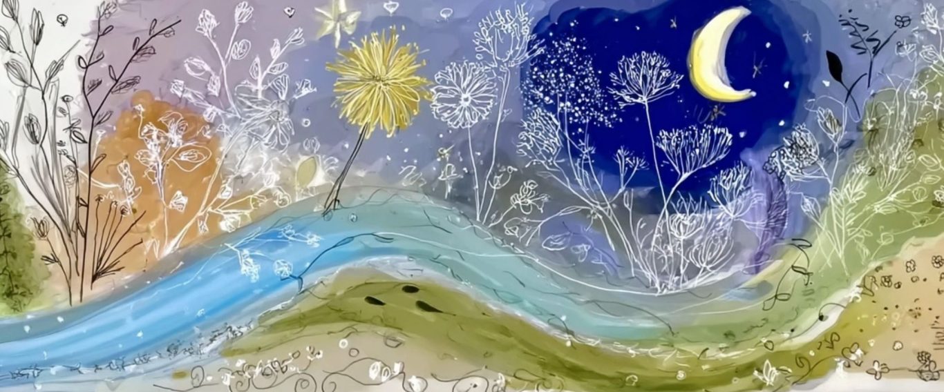 Bunte Landschaft mit Fluss, Bäumen und Himmel, der Tag und Nacht zeigt.